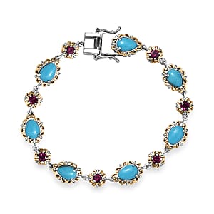 D'Joy Premium Sleeping Beauty Turquoise and Radiant Ember Garnet 12.00 ctw Victorian Garden Bracelet in 18K Vermeil YG and Rhodium Over Sterling Silver (8.00 In)
