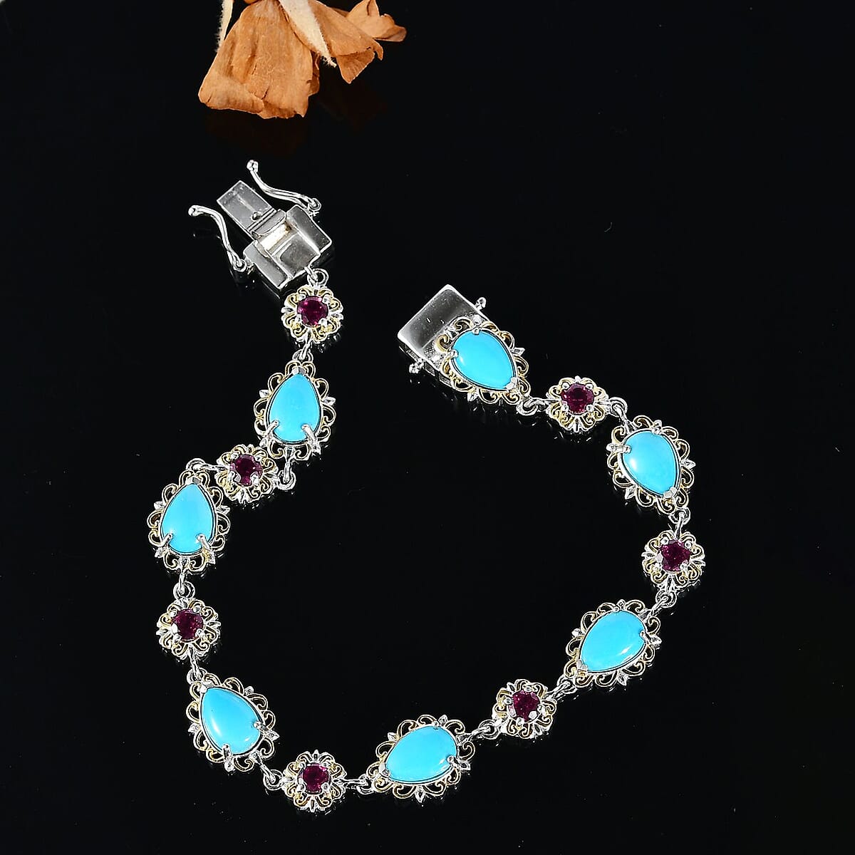 D'Joy Premium Sleeping Beauty Turquoise and Radiant Ember Garnet 12.00 ctw Victorian Garden Bracelet in 18K Vermeil YG and Rhodium Over Sterling Silver (8.00 In) image number 1