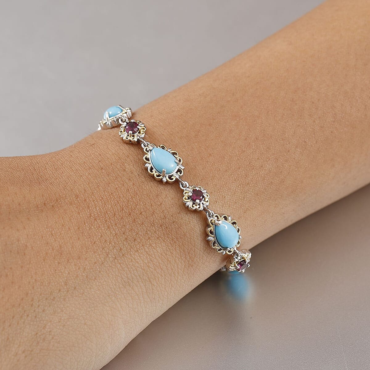 D'Joy Premium Sleeping Beauty Turquoise and Radiant Ember Garnet 12.00 ctw Victorian Garden Bracelet in 18K Vermeil YG and Rhodium Over Sterling Silver (8.00 In) image number 2