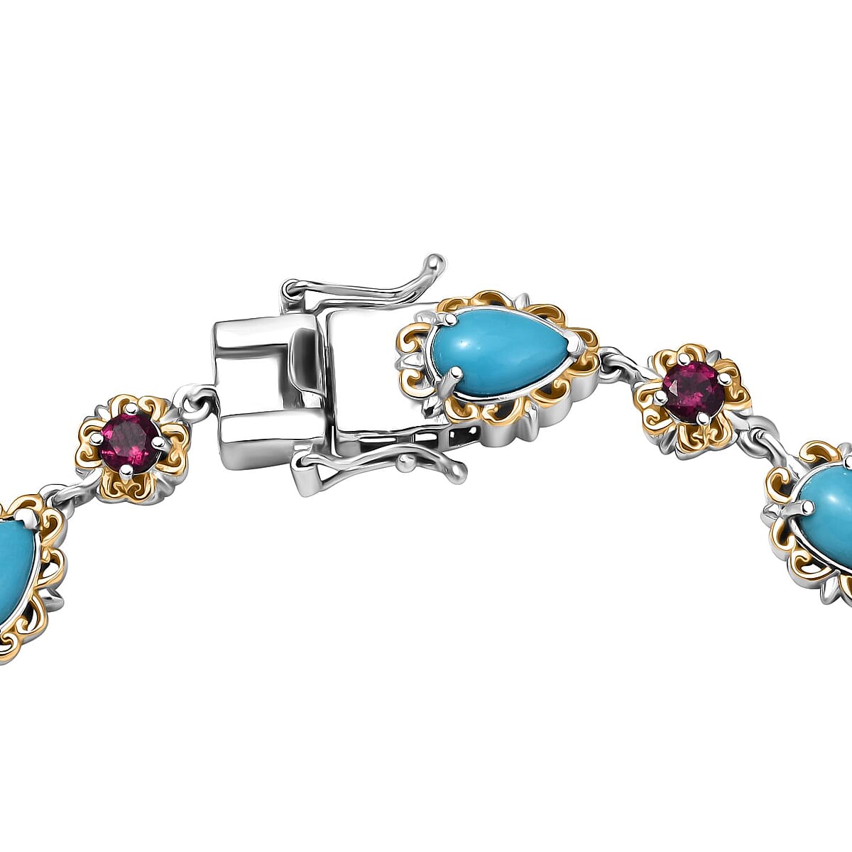 D'Joy Premium Sleeping Beauty Turquoise and Radiant Ember Garnet 12.00 ctw Victorian Garden Bracelet in 18K Vermeil YG and Rhodium Over Sterling Silver (8.00 In) image number 3