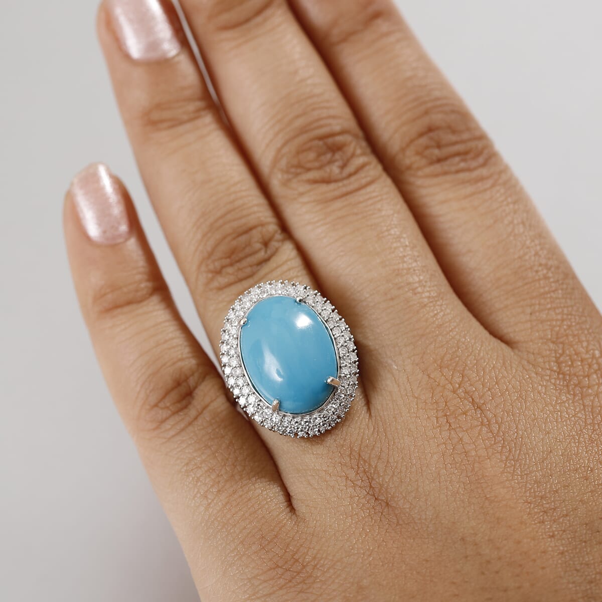Premium Sleeping Beauty Turquoise and G-H SI Luxuriant Lab Grown Diamond 10.20 ctw Ure Bloom Ring in Rhodium Over Sterling Silver (Size 10.0) image number 2
