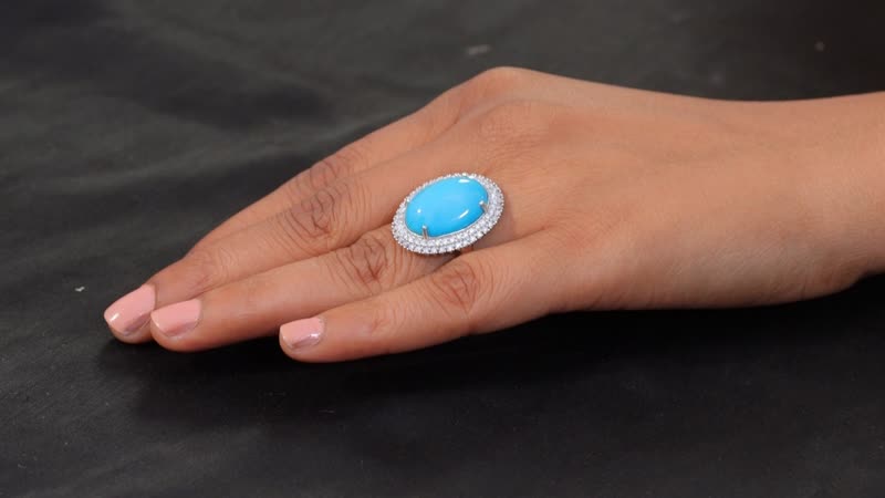 Premium Sleeping Beauty Turquoise, Luxuriant Lab Grown Diamond (G-H, SI) (0.75 cts) Ring in Rhodium Over Sterling Silver (Size 10.0) 10.20 ctw
