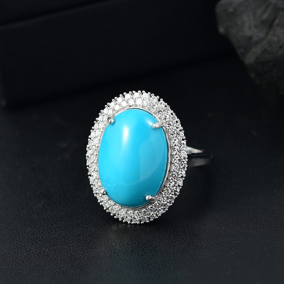 Premium Sleeping Beauty Turquoise and G-H SI Luxuriant Lab Grown Diamond 10.20 ctw Ure Bloom Ring in Rhodium Over Sterling Silver (Size 8.0) image number 1