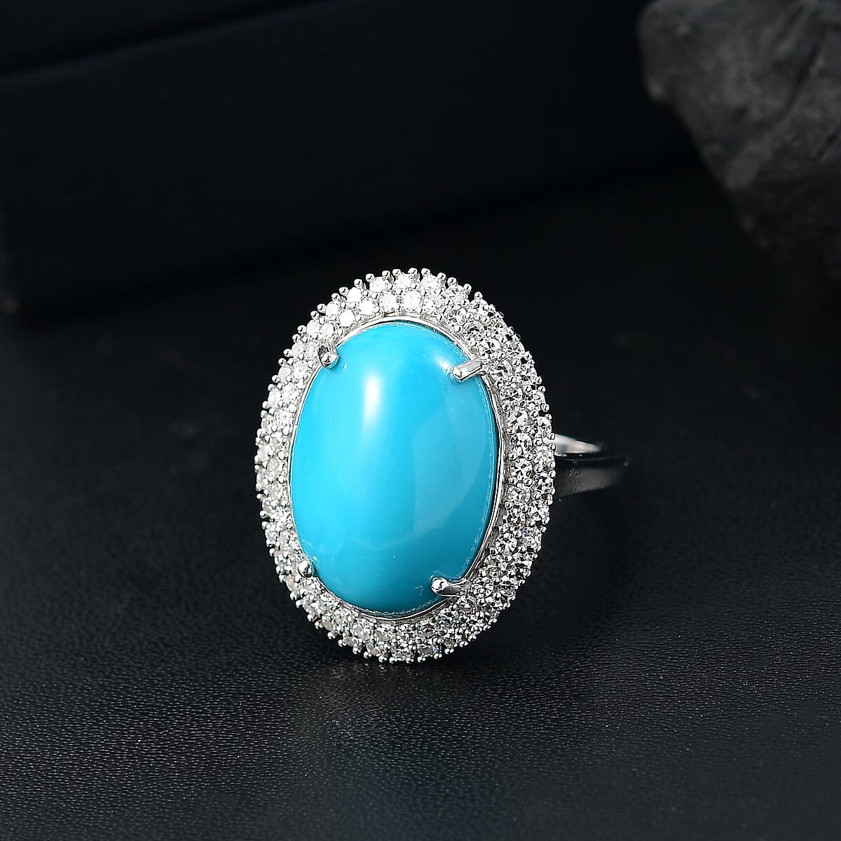 Premium Sleeping Beauty Turquoise and G-H SI Luxuriant Lab Grown Diamond 10.20 ctw Ure Bloom Ring in Rhodium Over Sterling Silver (Size 9.0) image number 1