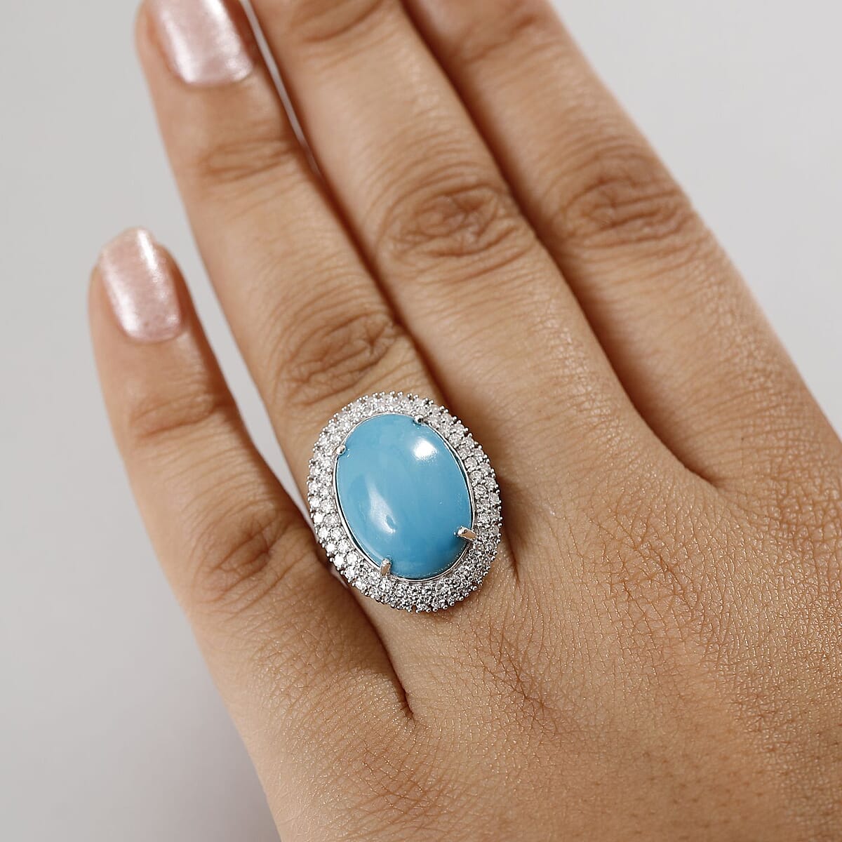 Premium Sleeping Beauty Turquoise and G-H SI Luxuriant Lab Grown Diamond 10.20 ctw Ure Bloom Ring in Rhodium Over Sterling Silver (Size 9.0) image number 2