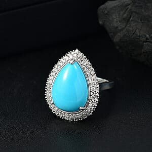 Premium Sleeping Beauty Turquoise and G-H SI Luxuriant Lab Grown Diamond 9.00 ctw Ure Bloom Ring in Rhodium Over Sterling Silver (Size 6.0)