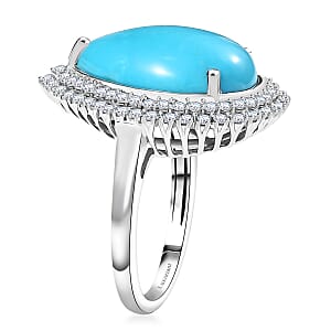 Premium Sleeping Beauty Turquoise and G-H SI Luxuriant Lab Grown Diamond 9.00 ctw Ure Bloom Ring in Rhodium Over Sterling Silver (Size 6.0)