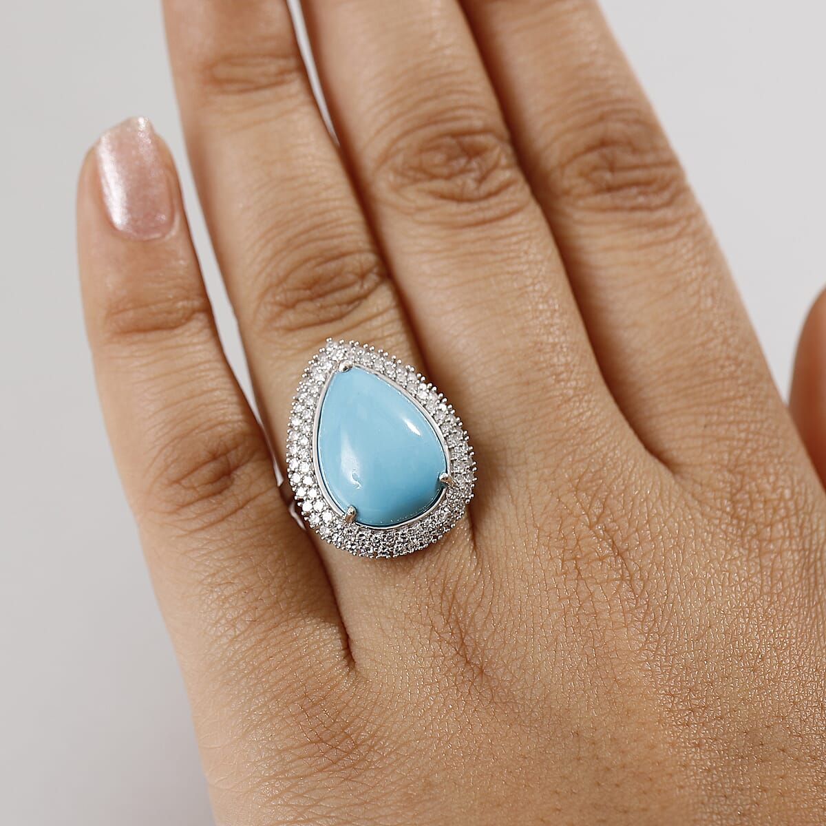 Premium Sleeping Beauty Turquoise and G-H SI Luxuriant Lab Grown Diamond 9.00 ctw Ure Bloom Ring in Rhodium Over Sterling Silver (Size 7.0) image number 2