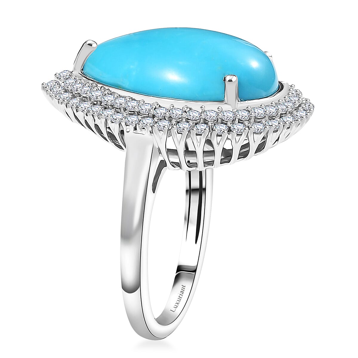 Premium Sleeping Beauty Turquoise and G-H SI Luxuriant Lab Grown Diamond 9.00 ctw Ure Bloom Ring in Rhodium Over Sterling Silver (Size 7.0) image number 3