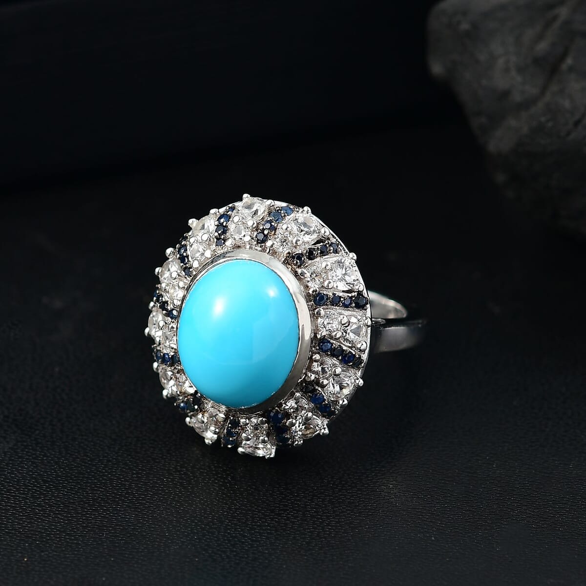 D'Joy Premium Sleeping Beauty Turquoise and Multi Gemstone 6.35 ctw Midnight Oasis Ring in Rhodium Over Sterling Silver (Size 10.0) image number 1