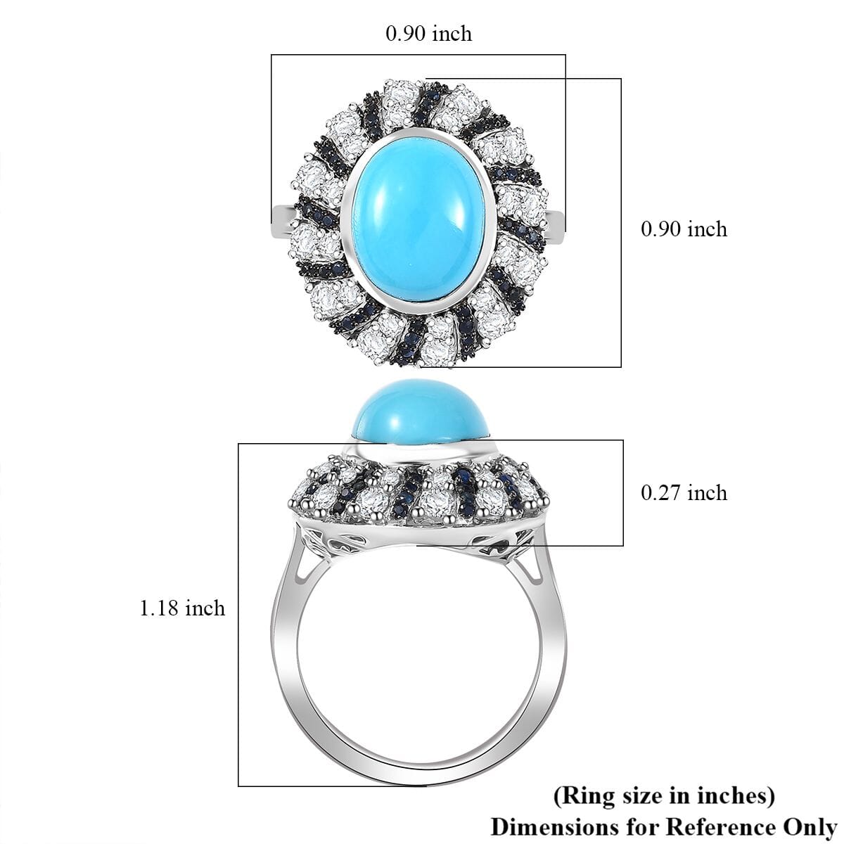 D'Joy Premium Sleeping Beauty Turquoise and Multi Gemstone 6.35 ctw Midnight Oasis Ring in Rhodium Over Sterling Silver (Size 10.0) image number 5
