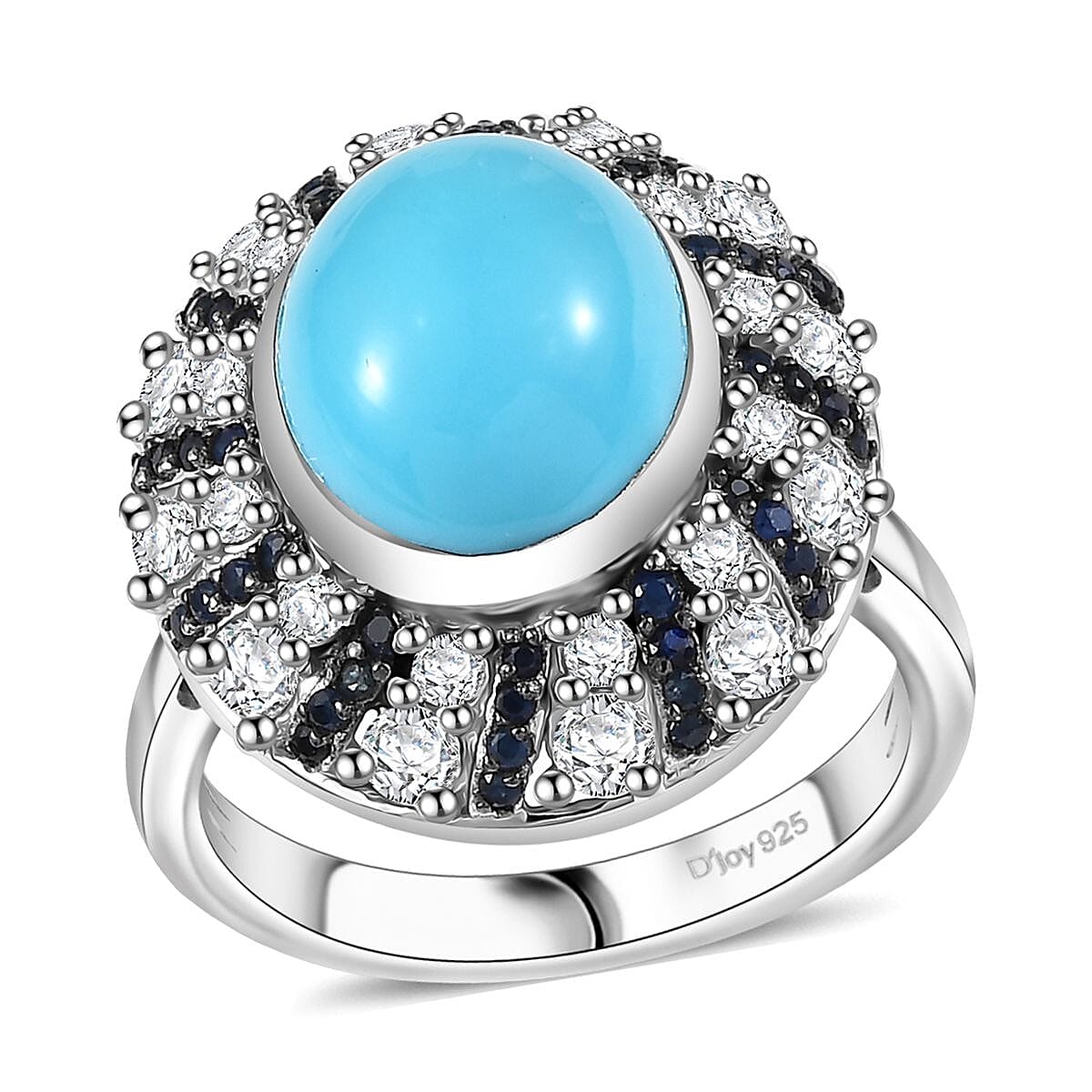 D'Joy Premium Sleeping Beauty Turquoise and Multi Gemstone 6.35 ctw Midnight Oasis Ring in Rhodium Over Sterling Silver (Size 9.0) image number 0