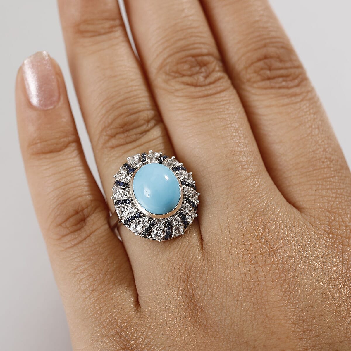 D'Joy Premium Sleeping Beauty Turquoise and Multi Gemstone 6.35 ctw Midnight Oasis Ring in Rhodium Over Sterling Silver (Size 9.0) image number 2