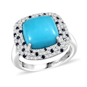 D'Joy Premium Sleeping Beauty Turquoise and Multi Gemstone 5.85 ctw Ocean Empress Ring in Rhodium Over Sterling Silver (Size 7.0)