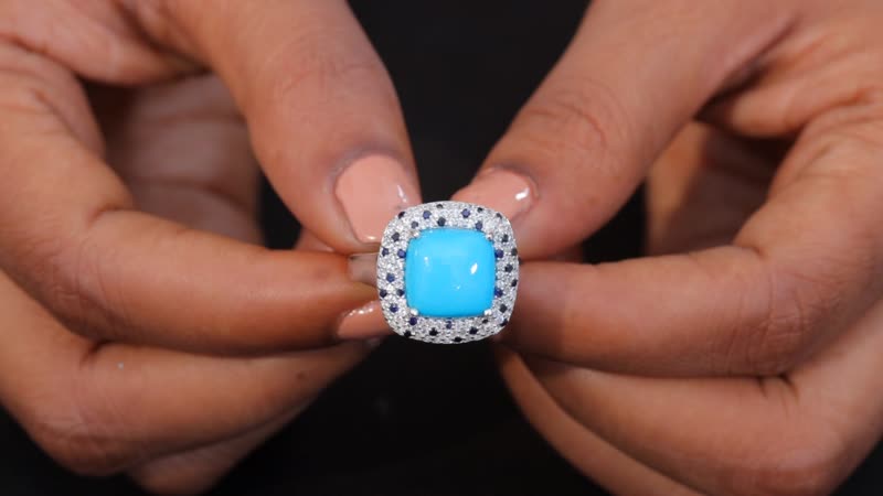 Premium Sleeping Beauty Turquoise and Multi Gemstone 5.85 ctw Ring in Rhodium Over Sterling Silver (Size 7.0)