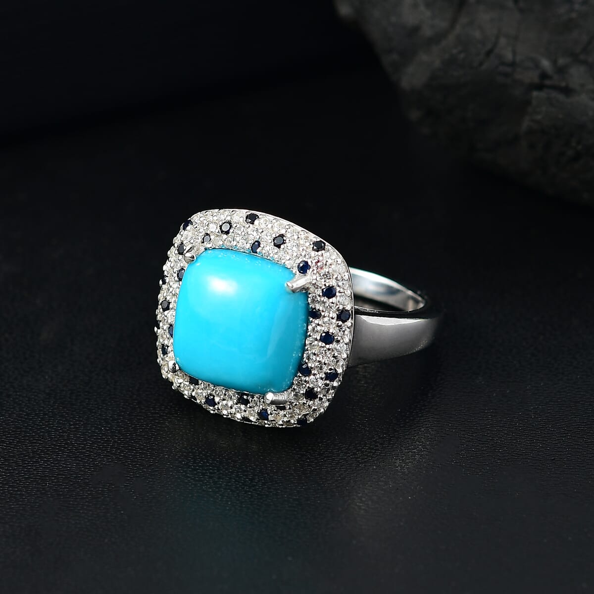 D'Joy Premium Sleeping Beauty Turquoise and Multi Gemstone 5.85 ctw Ocean Empress Ring in Rhodium Over Sterling Silver (Size 7.0) image number 1
