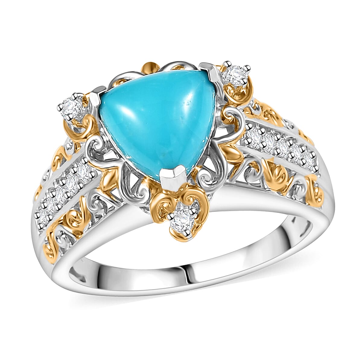 D'Joy Premium Sleeping Beauty Turquoise and White Zircon 1.85 ctw Victorian Sky Ring in 18K Vermeil YG and Rhodium Over Sterling Silver (Size 10.0)