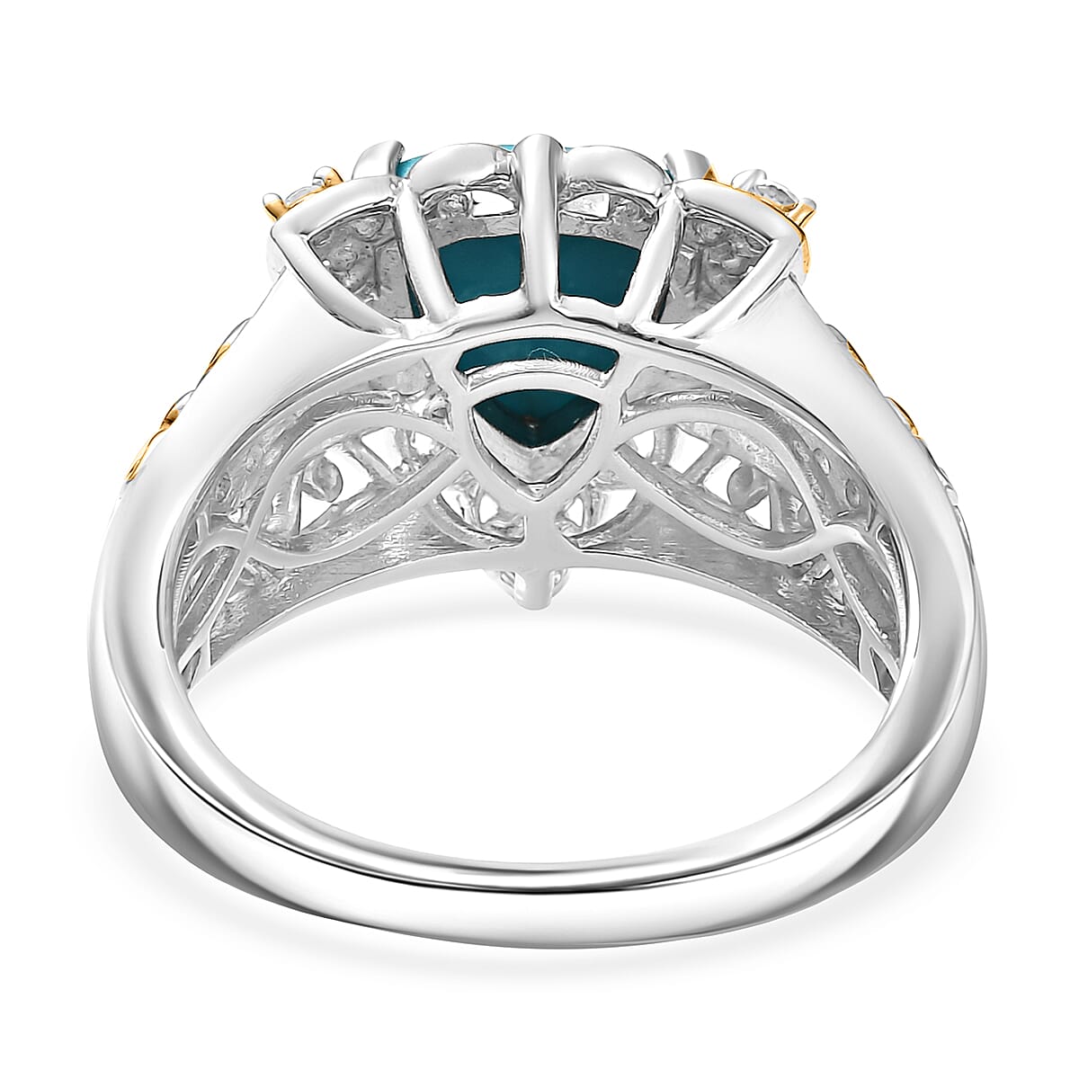 D'Joy Premium Sleeping Beauty Turquoise and White Zircon 1.85 ctw Victorian Sky Ring in 18K Vermeil YG and Rhodium Over Sterling Silver (Size 10.0)