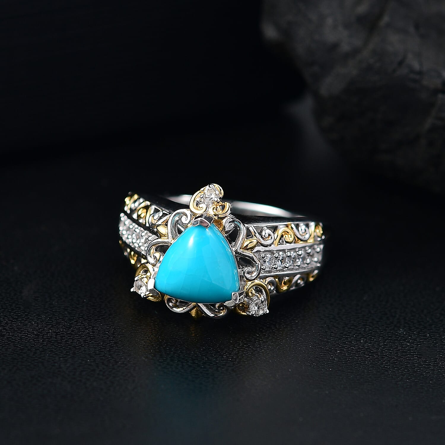 Premium Sleeping Beauty Turquoise and White Zircon 1.85 ctw Ring in 18K Vermeil YG and Rhodium Over Sterling Silver
