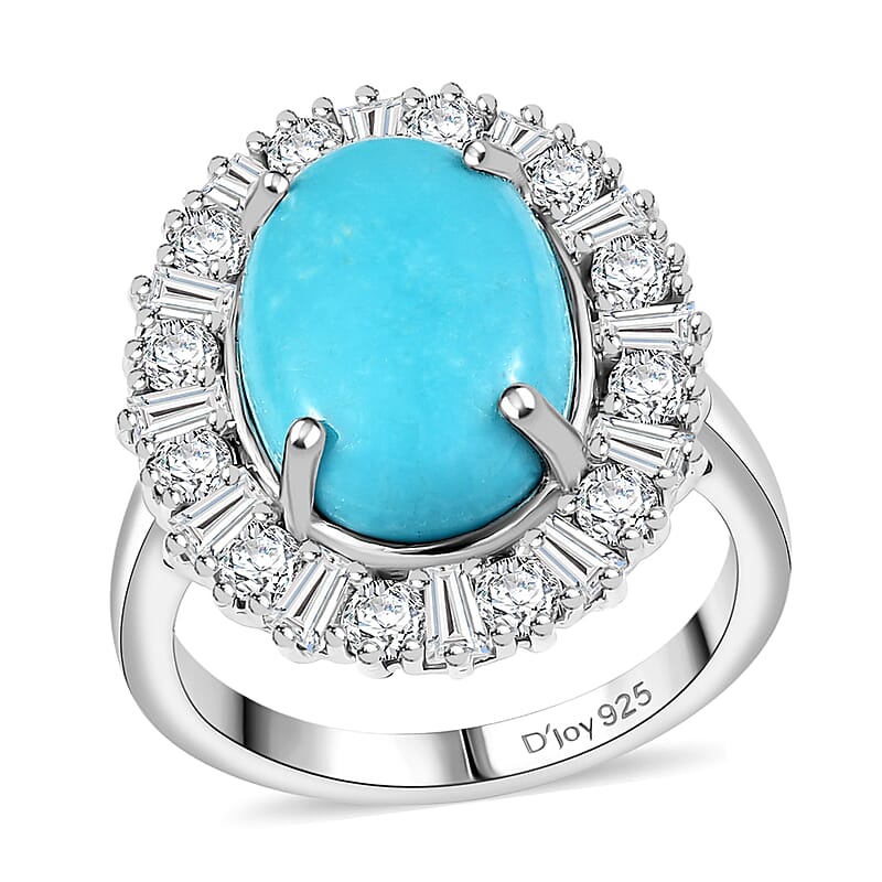 D'Joy Premium Sleeping Beauty Turquoise and White Zircon 7.00 ctw Seaside Sparkle Ring in Rhodium Over Sterling Silver (Size 10.0)