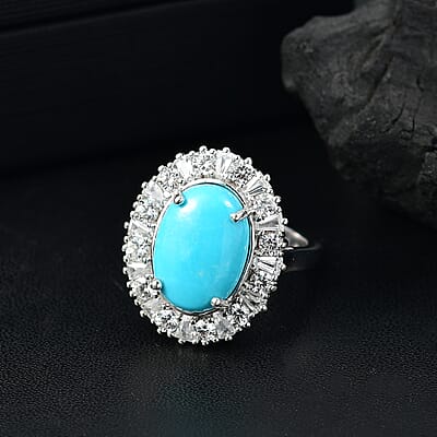 D'Joy Premium Sleeping Beauty Turquoise and White Zircon 7.00 ctw Seaside Sparkle Ring in Rhodium Over Sterling Silver (Size 10.0)