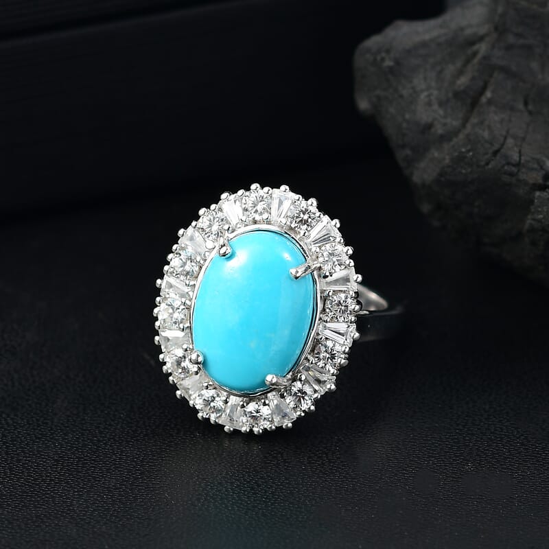 D'Joy Premium Sleeping Beauty Turquoise and White Zircon 7.00 ctw Seaside Sparkle Ring in Rhodium Over Sterling Silver (Size 10.0)