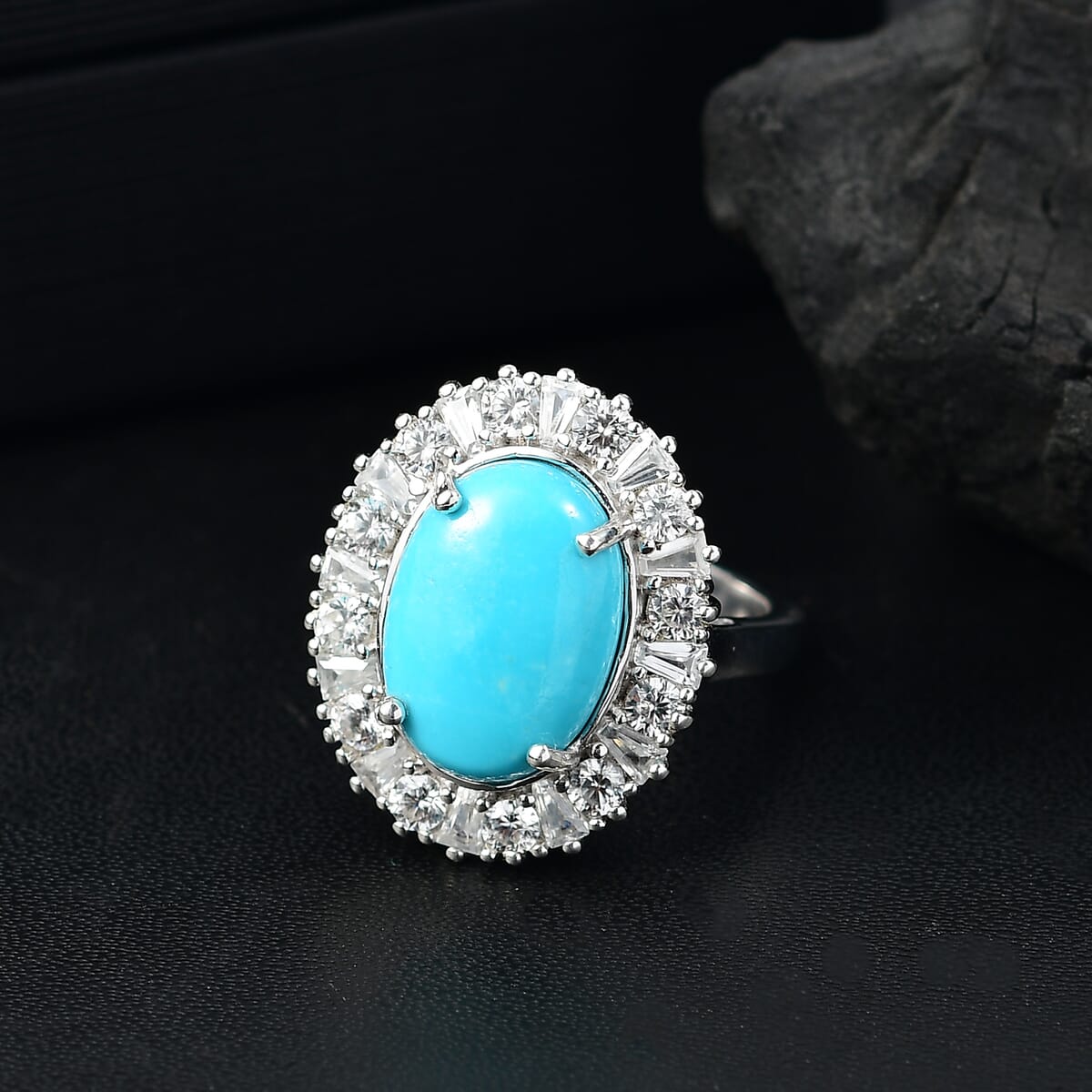 D'Joy Premium Sleeping Beauty Turquoise and White Zircon 7.00 ctw Seaside Sparkle Ring in Rhodium Over Sterling Silver (Size 7.0) image number 1