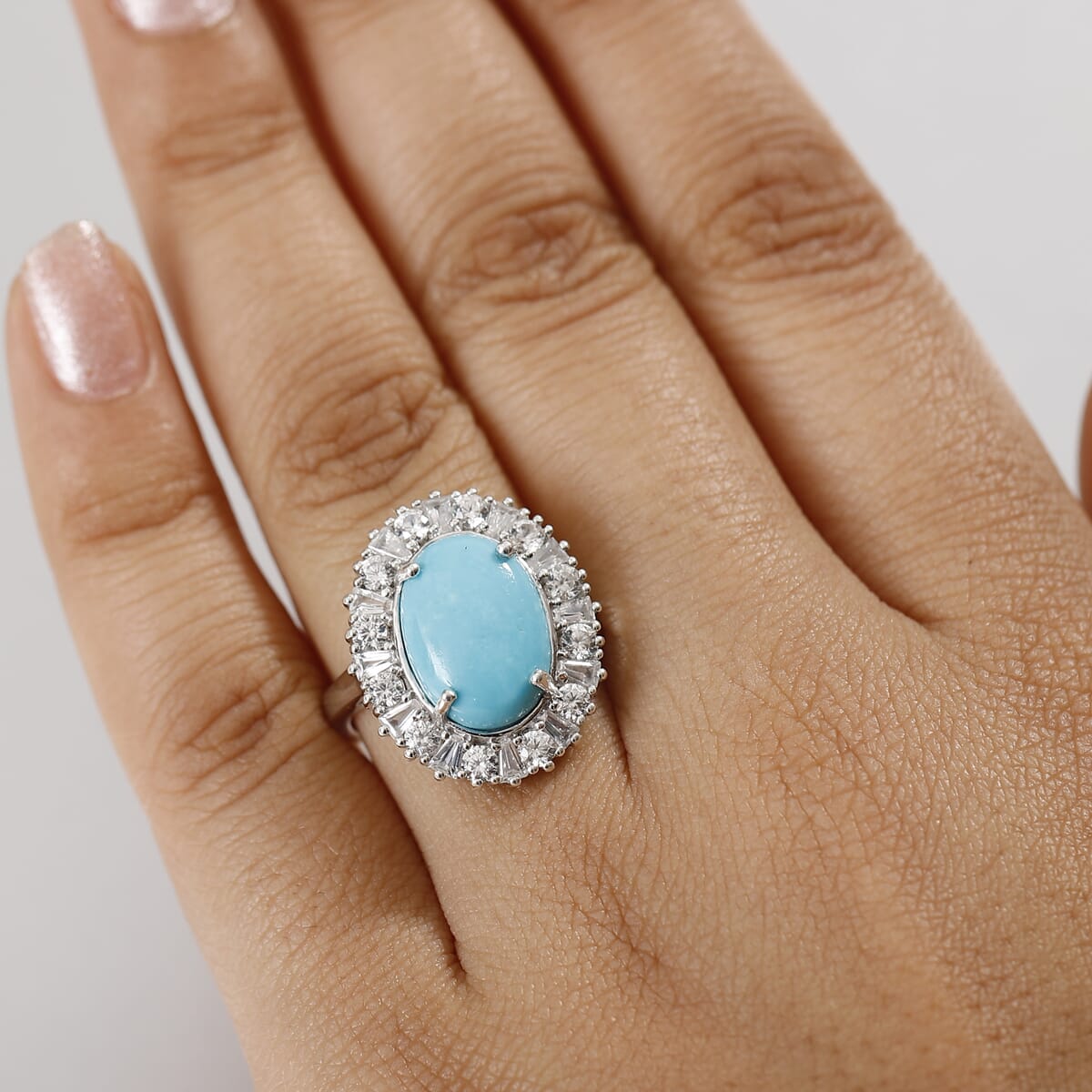 D'Joy Premium Sleeping Beauty Turquoise and White Zircon 7.00 ctw Seaside Sparkle Ring in Rhodium Over Sterling Silver (Size 7.0) image number 2