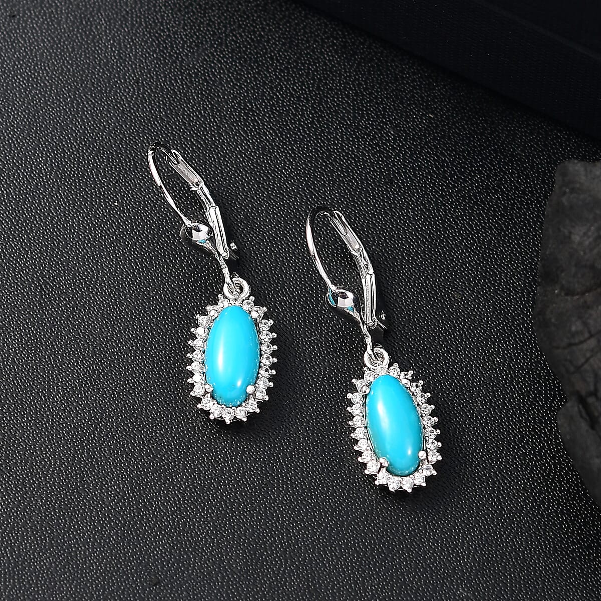 D'Joy Premium Sleeping Beauty Turquoise and White Zircon 2.75 ctw Sunburst Earrings in Rhodium OverSterling Silver image number 1