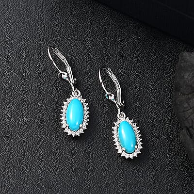 D'Joy Premium Sleeping Beauty Turquoise and White Zircon 2.75 ctw Sunburst Earrings in Rhodium OverSterling Silver
