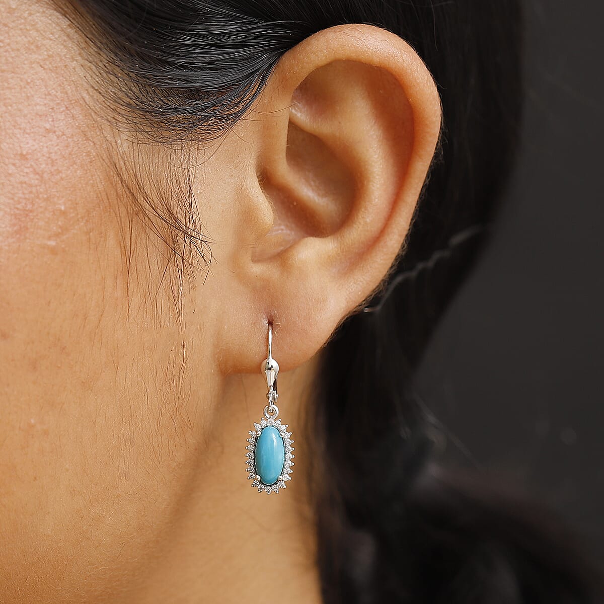 D'Joy Premium Sleeping Beauty Turquoise and White Zircon 2.75 ctw Sunburst Earrings in Rhodium OverSterling Silver image number 2