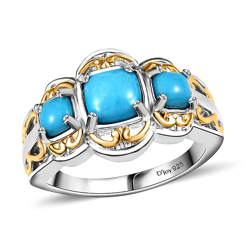 D'Joy Premium Sleeping Beauty Turquoise 1.40 ctw Trilogy Ring in 18K Vermeil YG and Rhodium Over Sterling Silver (Size 10.0)