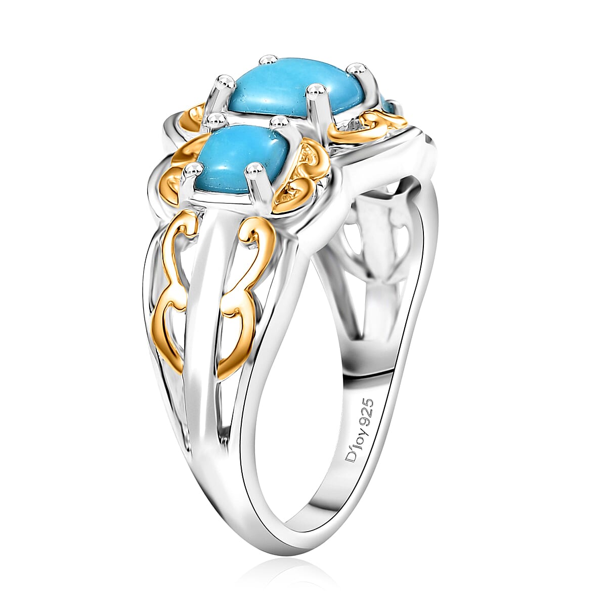 D'Joy Premium Sleeping Beauty Turquoise 1.40 ctw Trilogy Ring in 18K Vermeil YG and Rhodium Over Sterling Silver (Size 10.0)