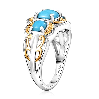 D'Joy Premium Sleeping Beauty Turquoise 1.40 ctw Trilogy Ring in 18K Vermeil YG and Rhodium Over Sterling Silver (Size 10.0)