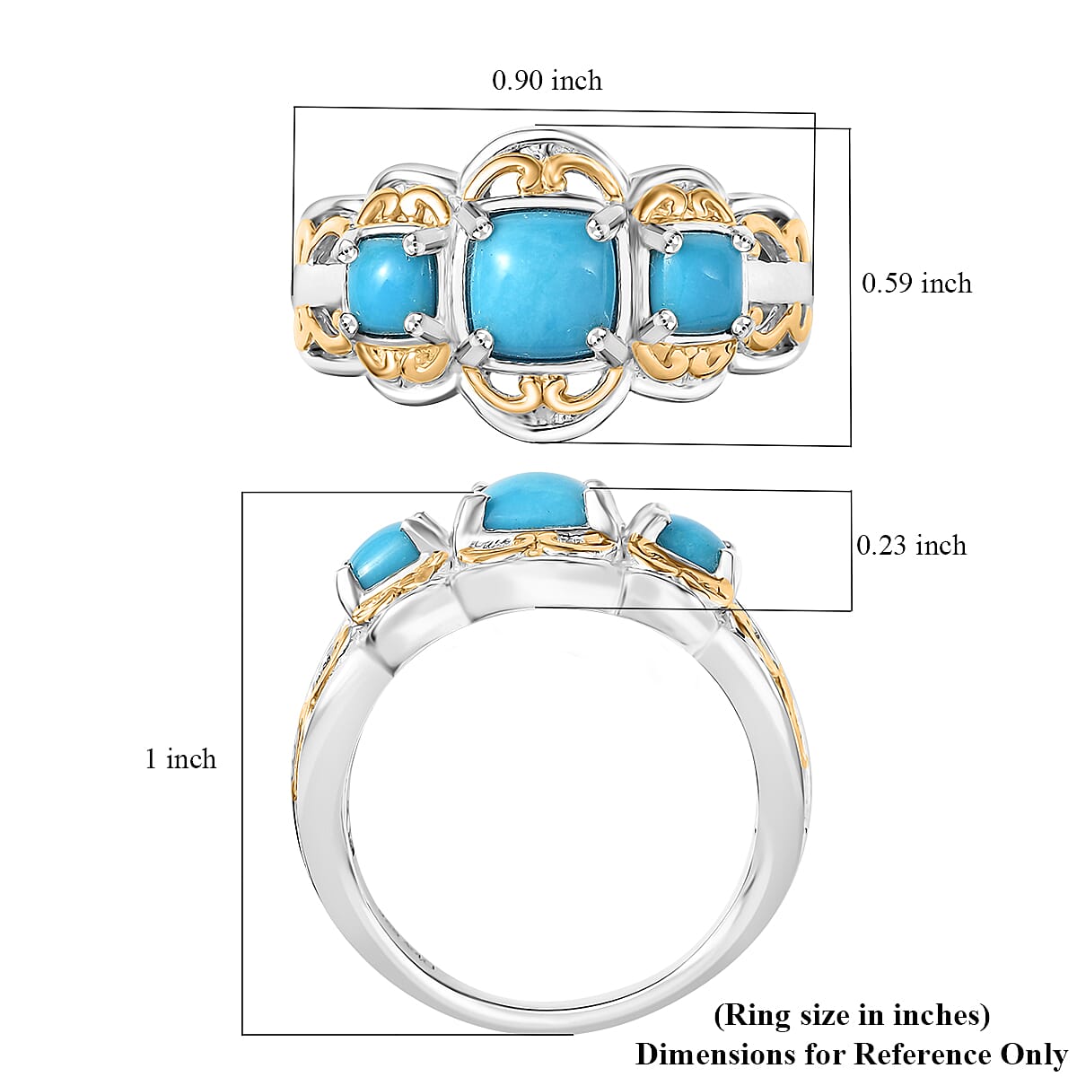 D'Joy Premium Sleeping Beauty Turquoise 1.40 ctw Trilogy Ring in 18K Vermeil YG and Rhodium Over Sterling Silver (Size 10.0)