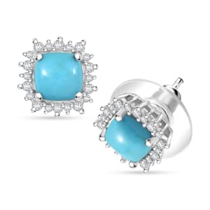D'Joy Premium Sleeping Beauty Turquoise and White Zircon 2.10 ctw Ocean Crown Earrings in Rhodium Over Sterling Silver