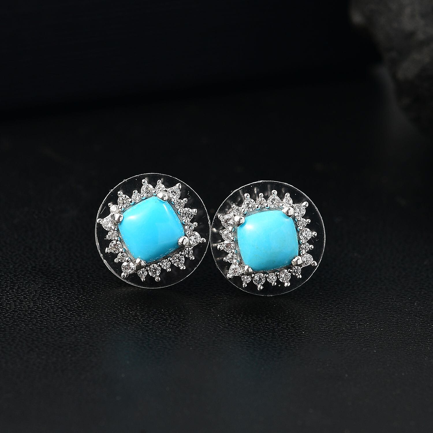 D'Joy Premium Sleeping Beauty Turquoise and White Zircon 2.10 ctw Ocean Crown Earrings in Rhodium Over Sterling Silver