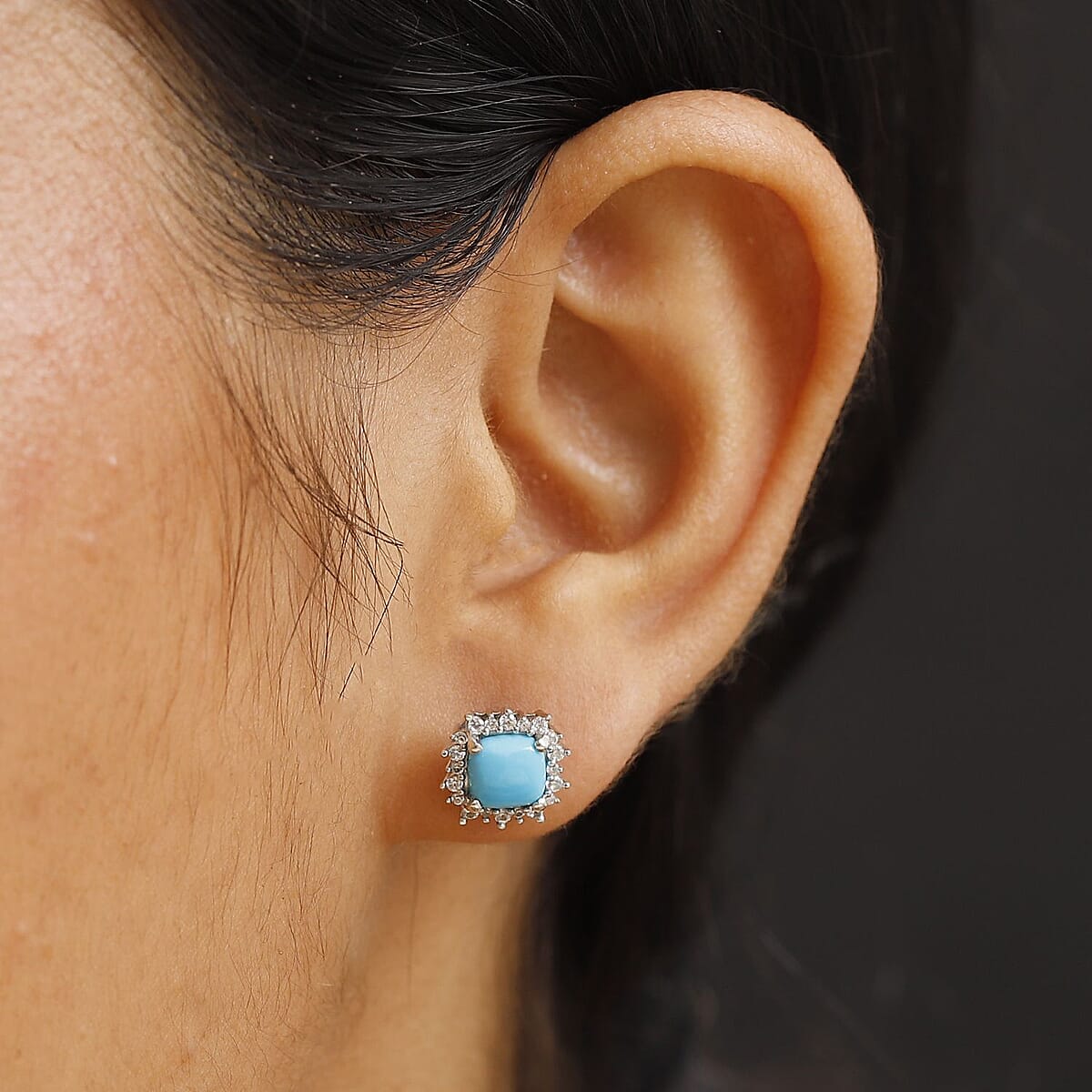 D'Joy Premium Sleeping Beauty Turquoise and White Zircon 2.10 ctw Ocean Crown Earrings in Rhodium Over Sterling Silver image number 2