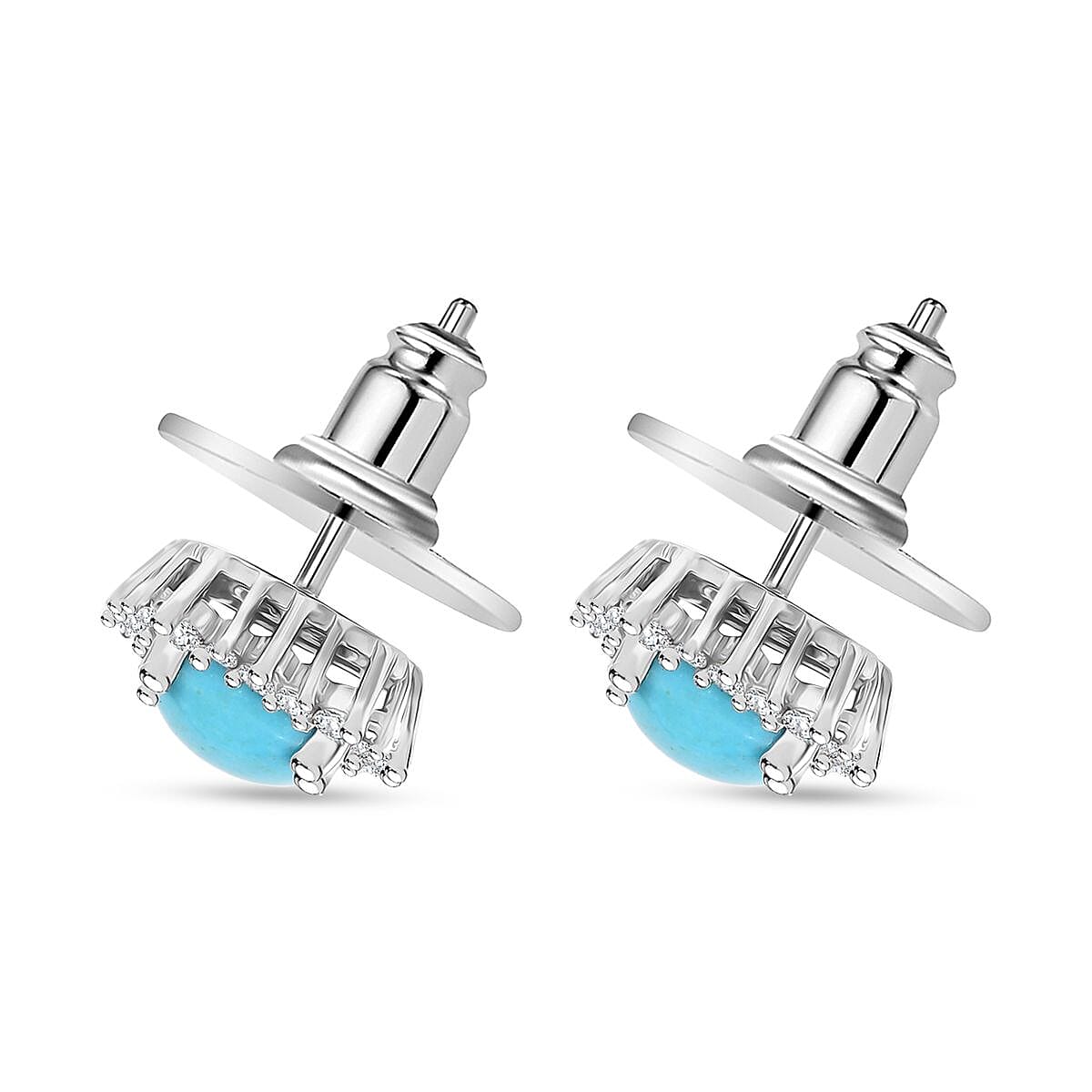 D'Joy Premium Sleeping Beauty Turquoise and White Zircon 2.10 ctw Ocean Crown Earrings in Rhodium Over Sterling Silver image number 3