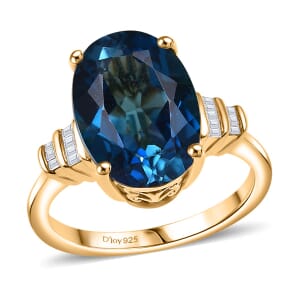 D'Joy Premium London Blue Topaz and Diamond 7.90 ctw Statement Ring in 18K Vermeil Yellow Gold Over Sterling Silver (Size 10.0)