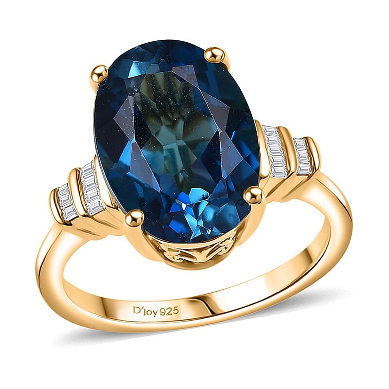 D'Joy Premium London Blue Topaz and Diamond 7.90 ctw Statement Ring in 18K Vermeil Yellow Gold Over Sterling Silver (Size 10.0)