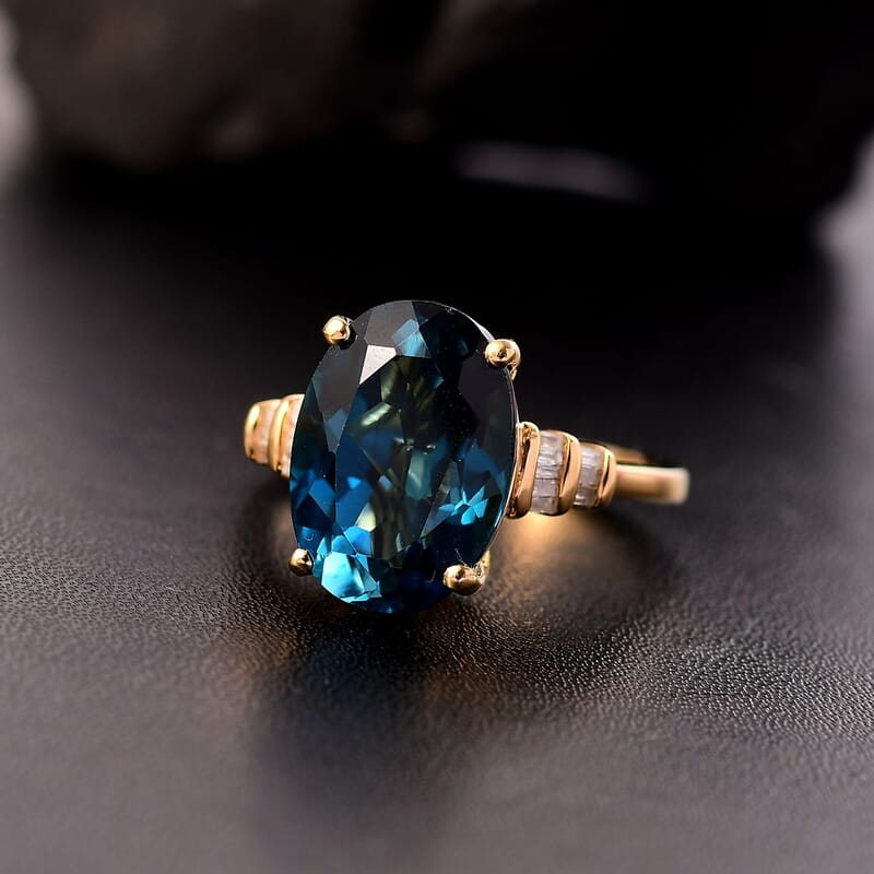 D'Joy Premium London Blue Topaz and Diamond 7.90 ctw Statement Ring in 18K Vermeil Yellow Gold Over Sterling Silver (Size 10.0)
