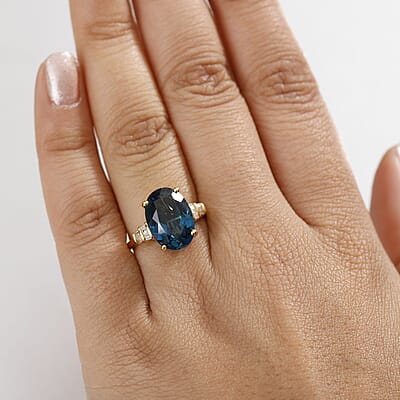 D'Joy Premium London Blue Topaz and Diamond 7.90 ctw Statement Ring in 18K Vermeil Yellow Gold Over Sterling Silver (Size 10.0)