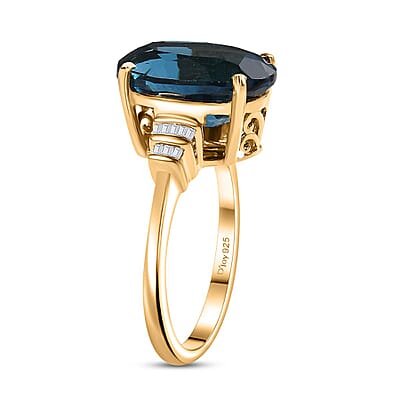D'Joy Premium London Blue Topaz and Diamond 7.90 ctw Statement Ring in 18K Vermeil Yellow Gold Over Sterling Silver (Size 10.0)