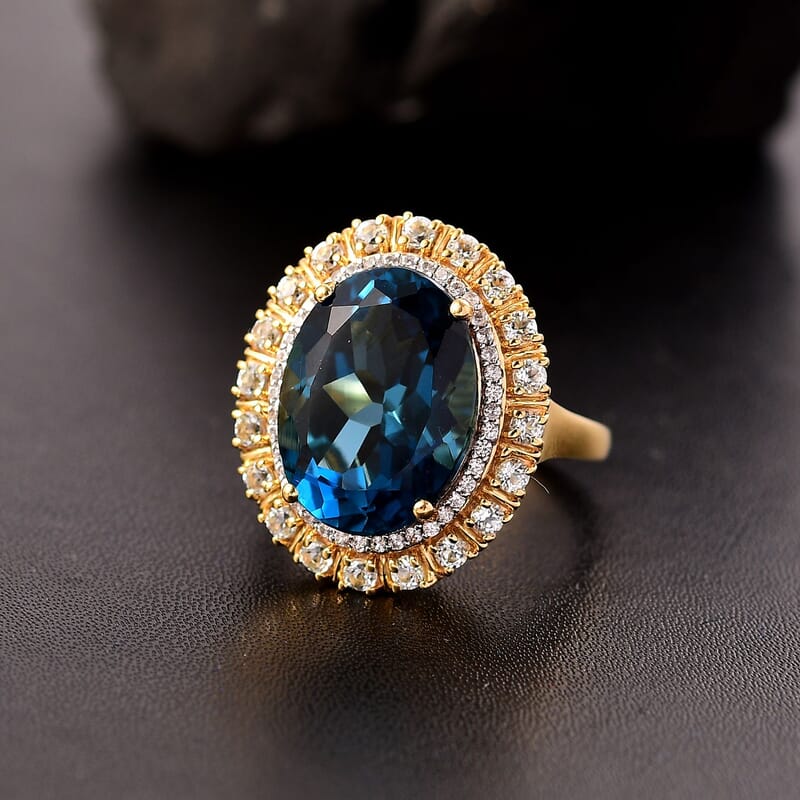 D'Joy Premium London Blue Topaz and Multi Gemstone 13.65 ctw Midnight Sun Ring in 18K Vermeil Yellow Gold Over Sterling Silver (Size 7.0)