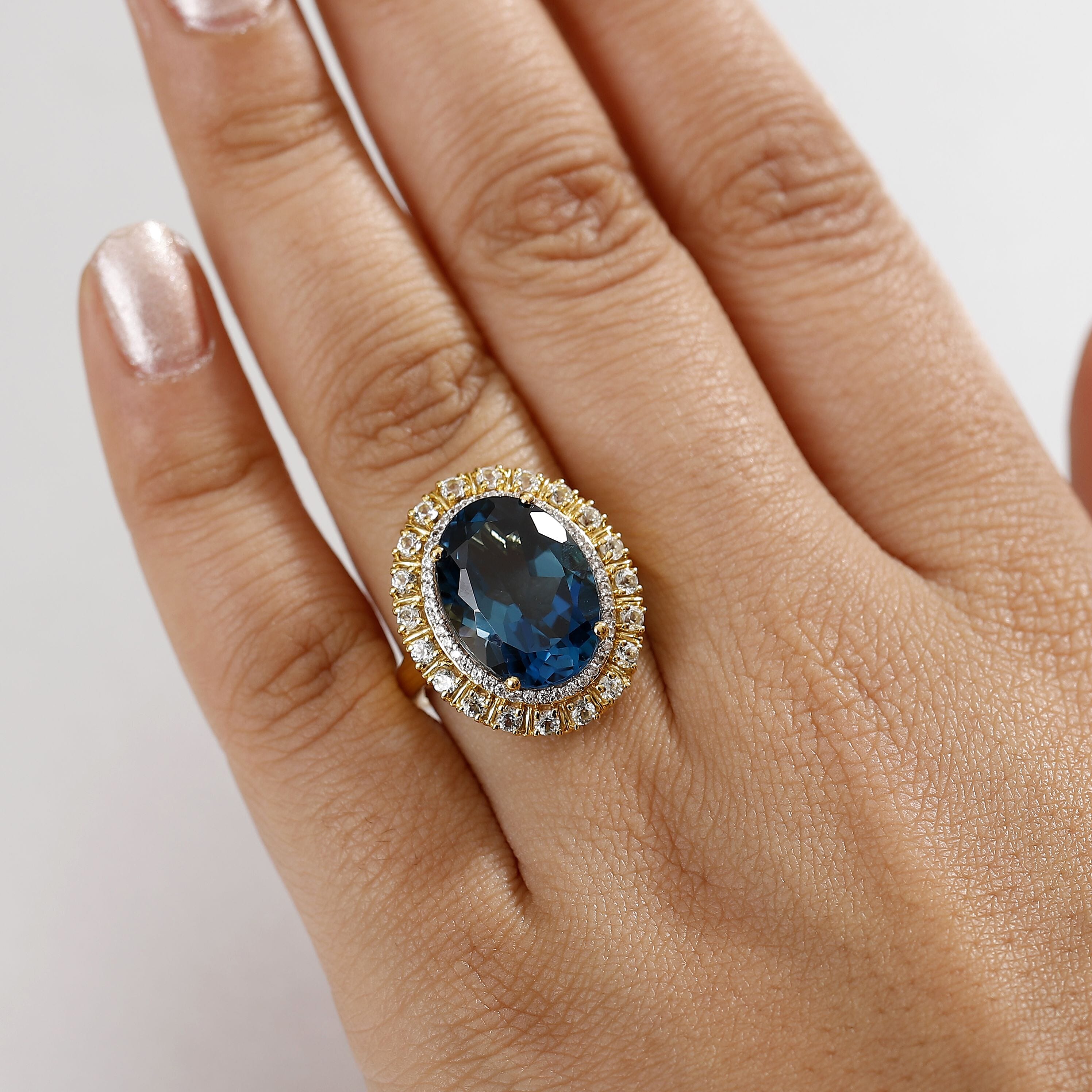 D'Joy Premium London Blue Topaz and Multi Gemstone 13.65 ctw Midnight Sun Ring in 18K Vermeil Yellow Gold Over Sterling Silver (Size 7.0)