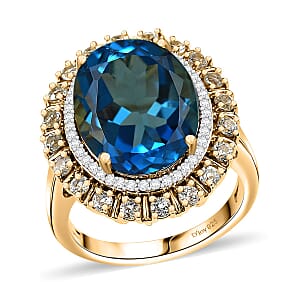 D'Joy Premium London Blue Topaz and Multi Gemstone 13.65 ctw Midnight Sun Ring in 18K Vermeil Yellow Gold Over Sterling Silver (Size 9.0)