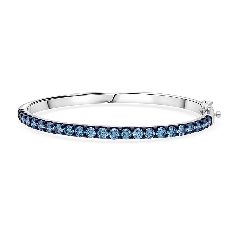 Luxuriant Lab Grown Blue Diamond (IR) (SI) 5.00 ctw Bangle Bracelet in Rhodium Over Sterling Silver (7.25 In)