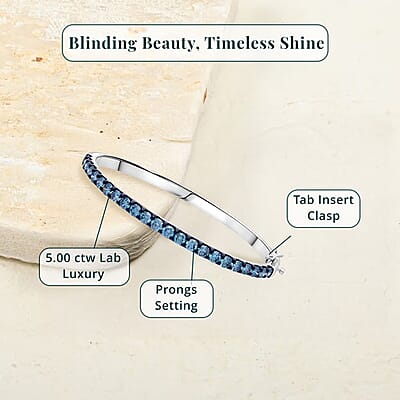 Luxuriant Lab Grown Blue Diamond (IR) (SI) 5.00 ctw Bangle Bracelet in Rhodium Over Sterling Silver (7.25 In)