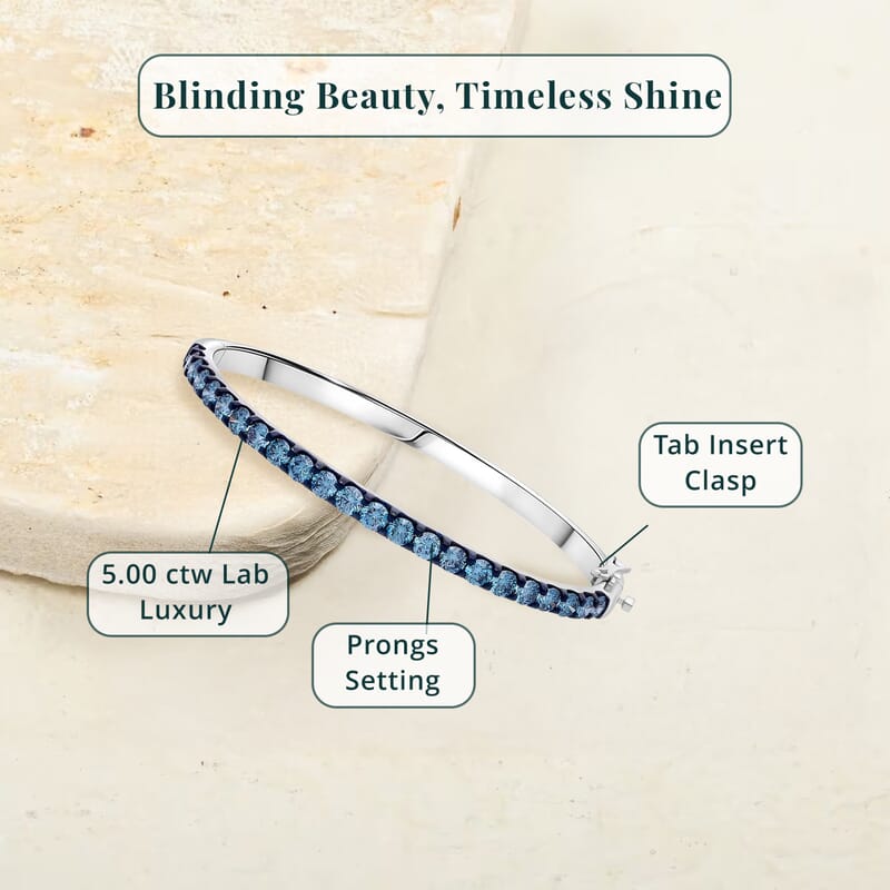 Luxuriant Lab Grown Blue Diamond (IR) (SI) 5.00 ctw Bangle Bracelet in Rhodium Over Sterling Silver (7.25 In)